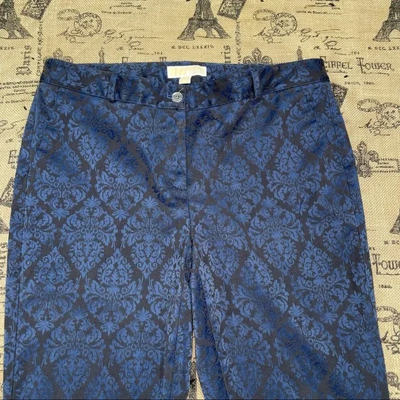 NWOT Michael Michael Kors Navy /Black Metallic Royal damask Print Pant Size 12 - Picture 4 of 10
